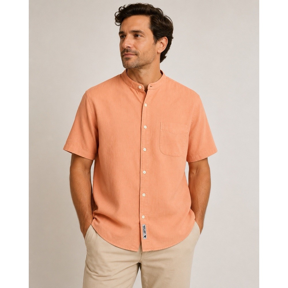 WALLABY Men's Large Orange Linen Cotton Collar Short Sleeve Button-Up Shirt